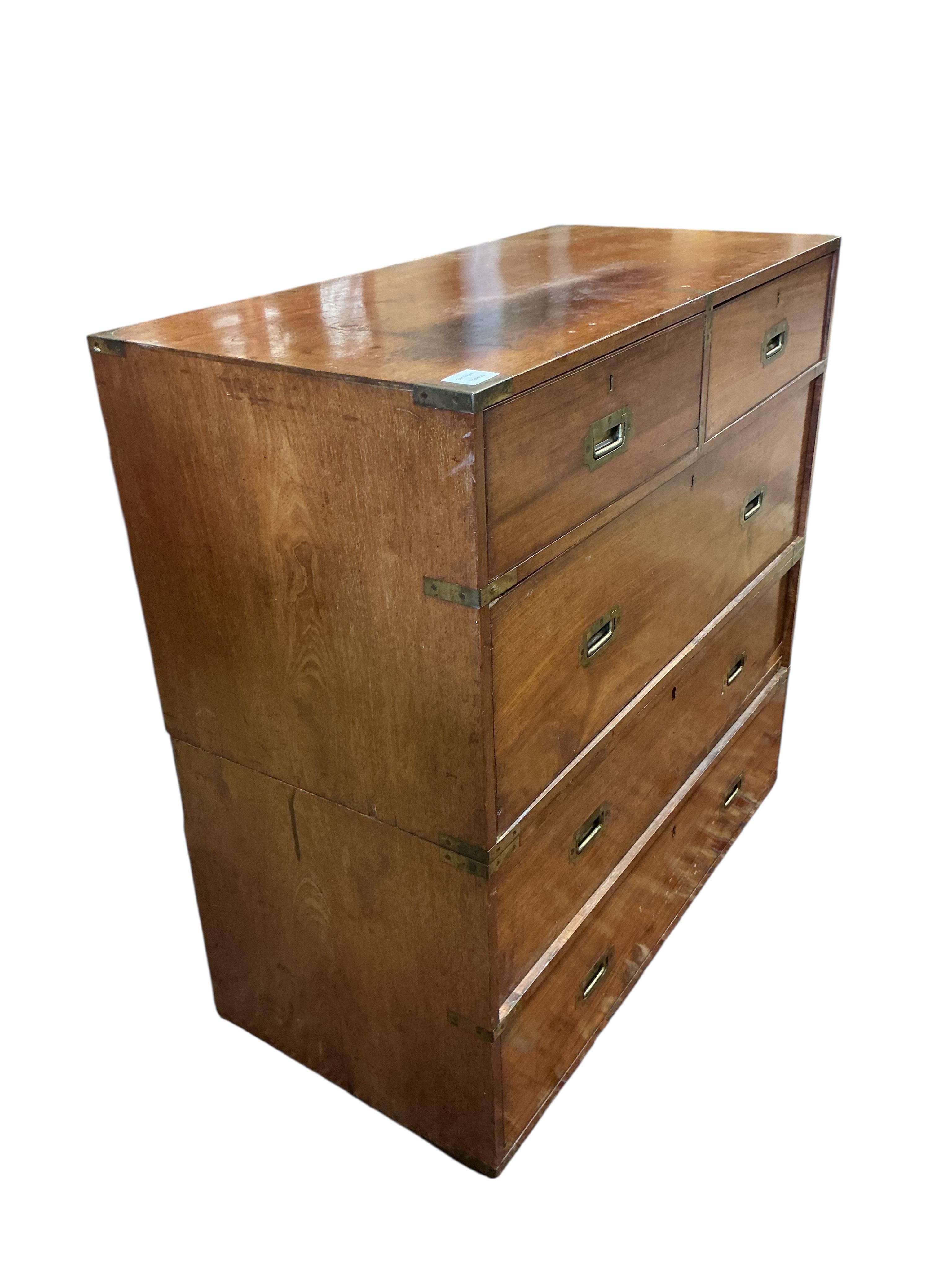 A Victorian mahogany brass mounted two part military chest, width 91cm, depth 45cm, height 91cm